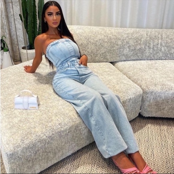 Zara Pants & Jumpsuits Zara Off The Shoulder Corset Denim Jumpsuit